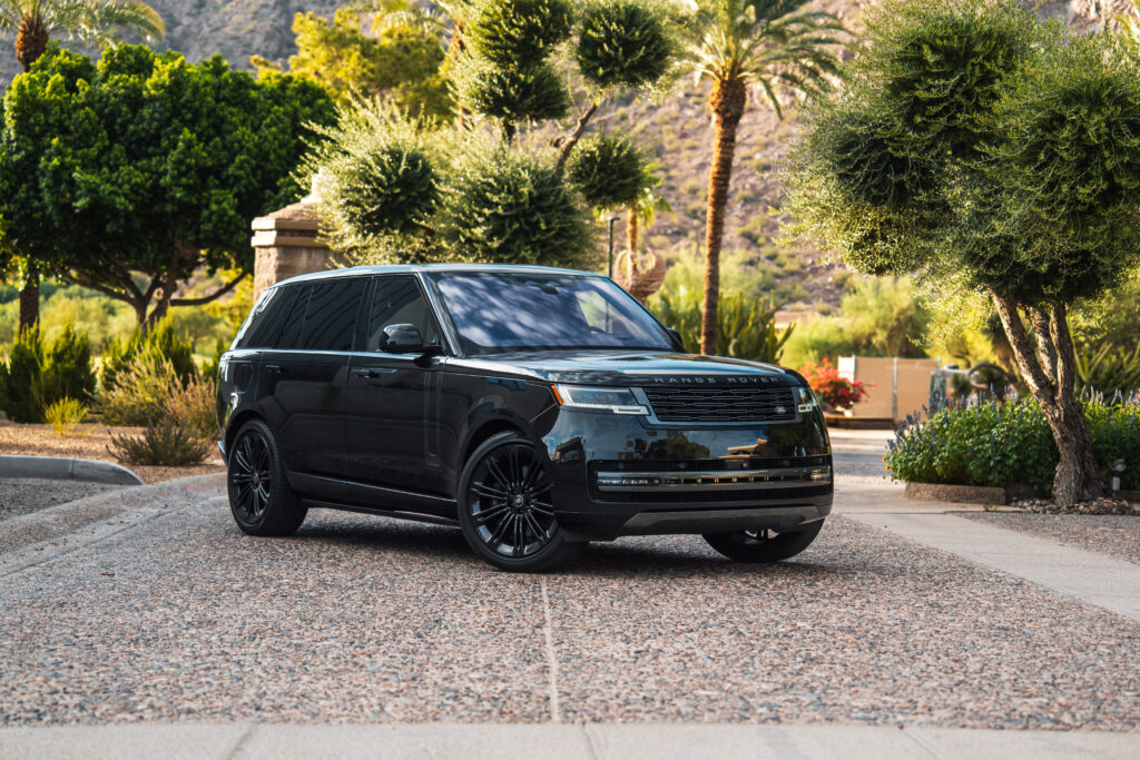 Black Range Rover LWB Autobiography rental in Scottsdale, front three-quarter view