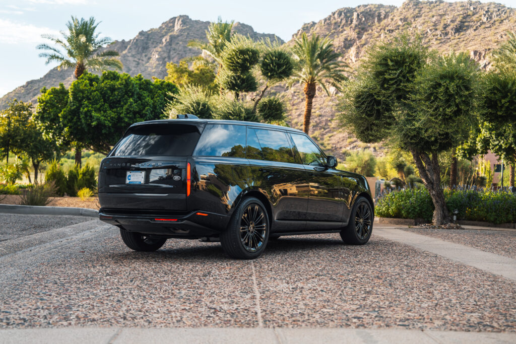Black Range Rover LWB Autobiography rental in Scottsdale, rear three-quarter view