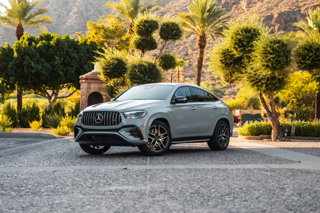 Gray Mercedes-AMG GLE 53 rental in Scottsdale, front three-quarter view