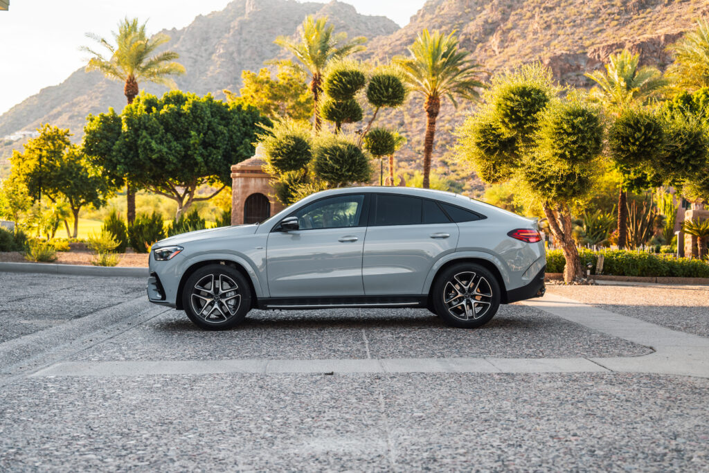 Gray Mercedes-AMG GLE 53 rental in Scottsdale, side profile view