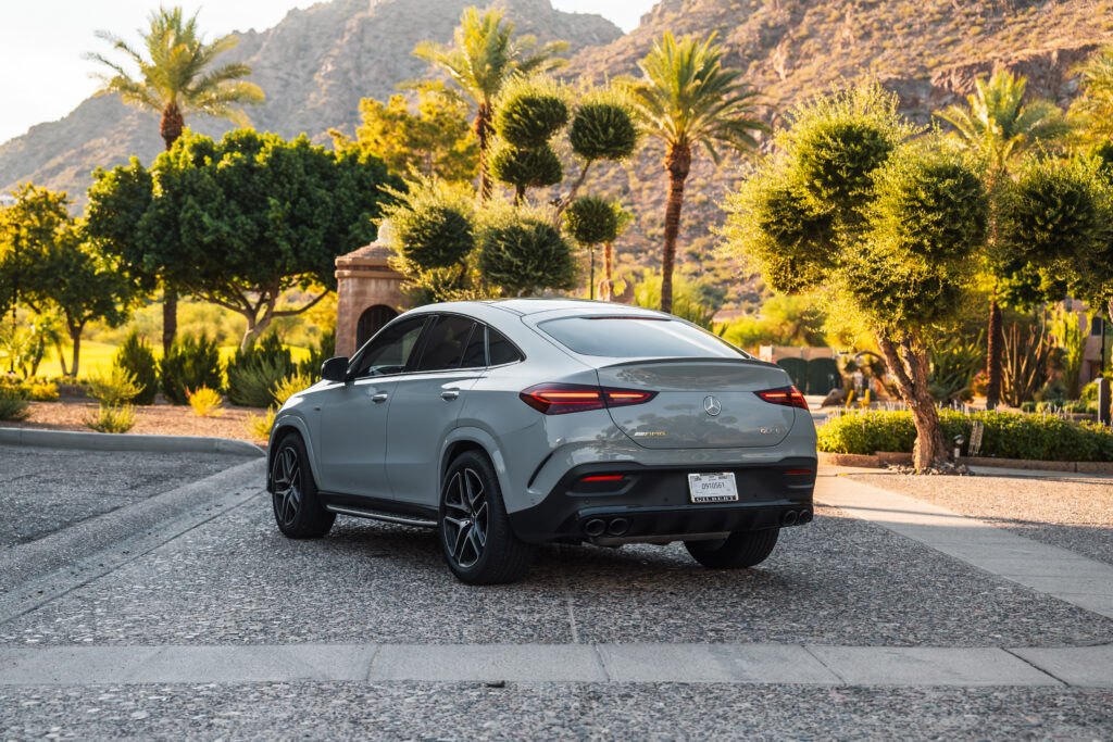 Gray Mercedes-AMG GLE 53 rental in Scottsdale, rear three-quarter view