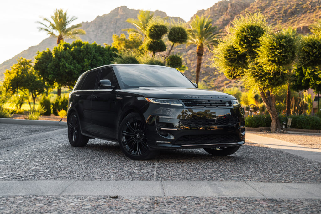Black 2024 Range Rover Sport rental in Scottsdale, front three-quarter view