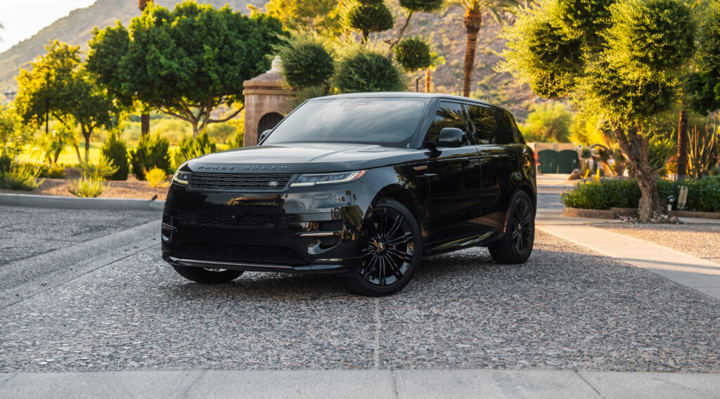 Black 2024 Range Rover Sport rental in Scottsdale, front three-quarter view