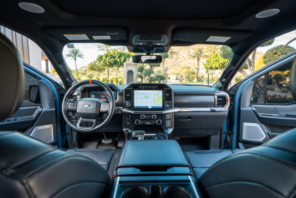 Gray Ford F-150 Raptor rental in Scottsdale, dashboard and front interior view